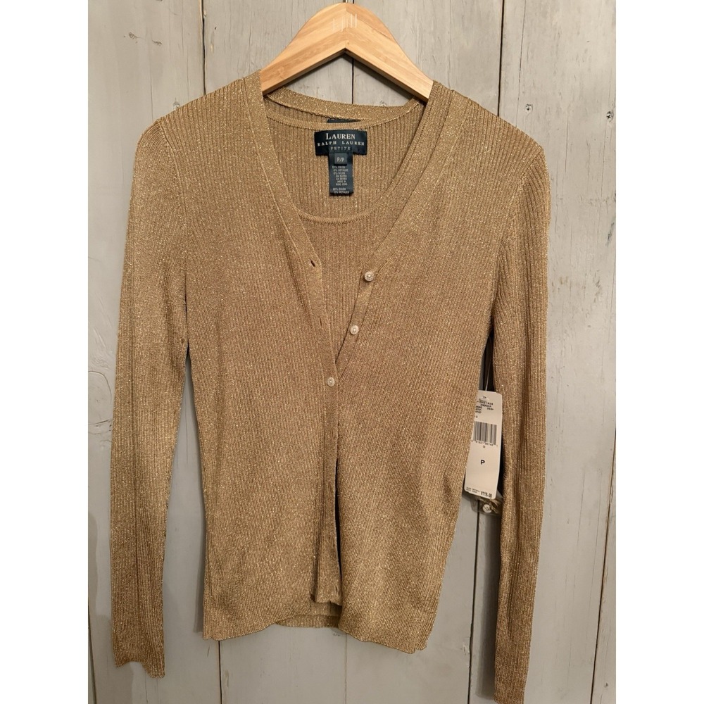 Lauren Ralph Lauren Gold Metallic Tank and Cardigan Sweater Set Sz-P NWT Festive